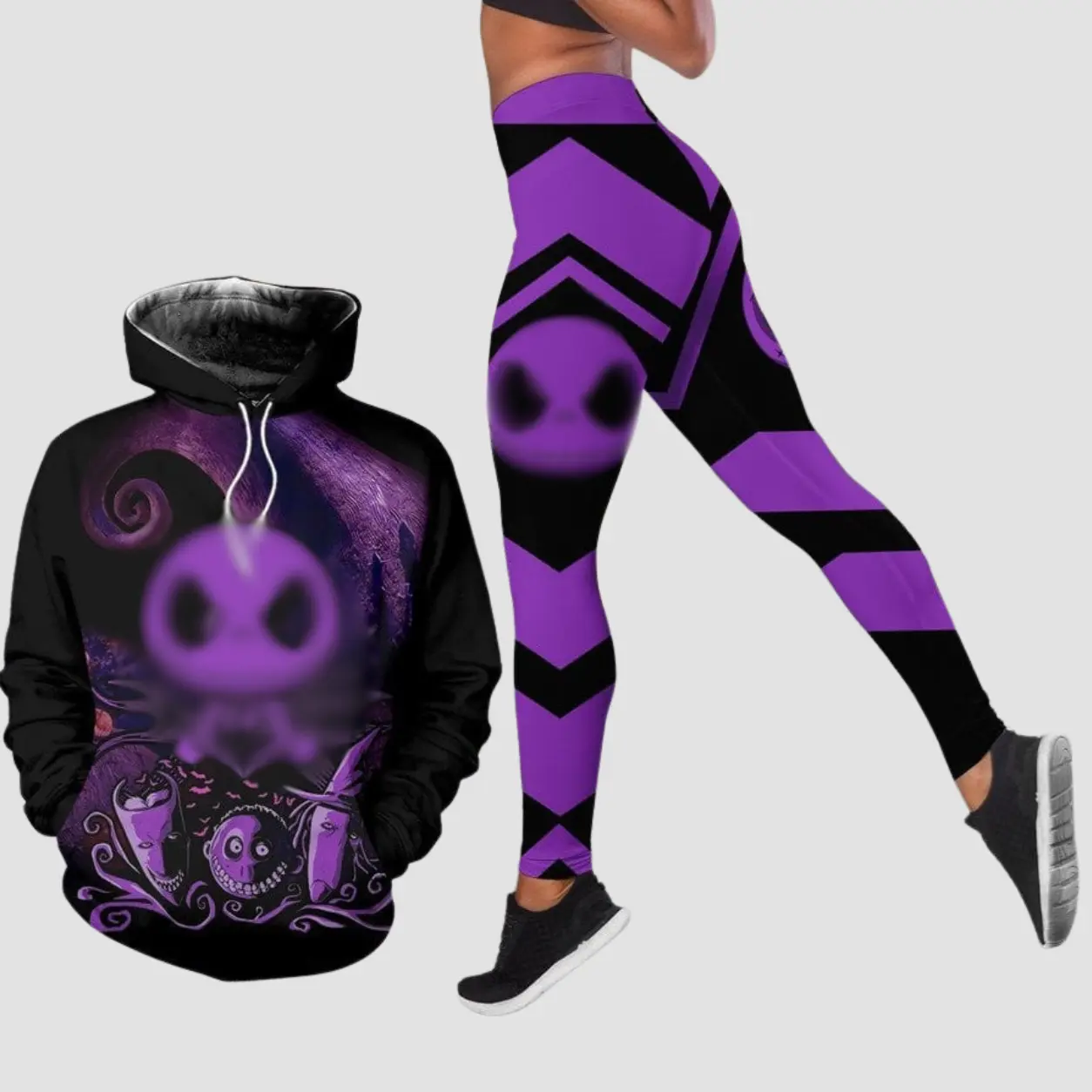 Purple Skeleton Hoodie and Legging Set, Gothic Halloween Printed Outfit, Spooky Nightmare Pullover Top with Matching Stretch Pants, Horror Fan Gift