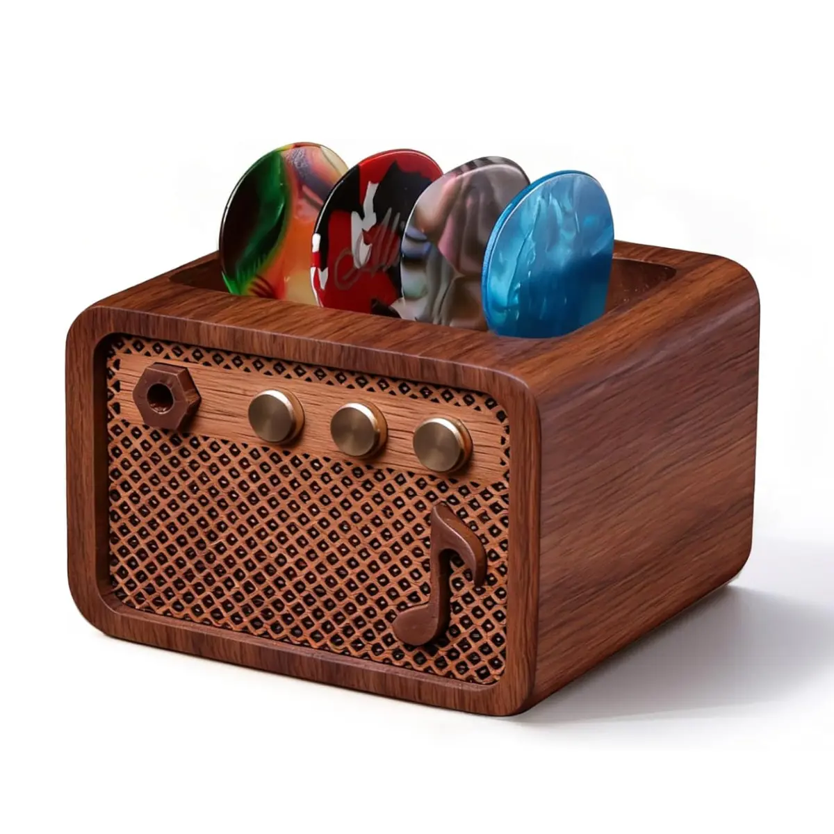 Walnut Wood Guitar Pick Holder, Amp-Style Guitar Pick Case for Storage & Display, Decorative Guitar Pick Organizer, Gift for Guitarists, Musicians & Music Lovers