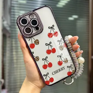 Glitter Effect Transparent Soft TPU Phone Cases for iPhone 12 13 14 15 Plus 16 Pro Max with Chain Lens Protector Full Edge Modern Cover Protective Smartphone Protection