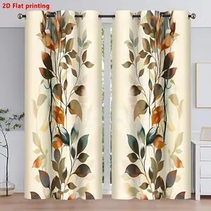 2D Flat, 2pcs Panels (for door and window) Botanical Curtains Semi- Leaf Design - Textured Fabric with Grommet Top, Filtering Drapes Suitable for Living Room, Bedroom, Study - Machine Washable, 2D Flat