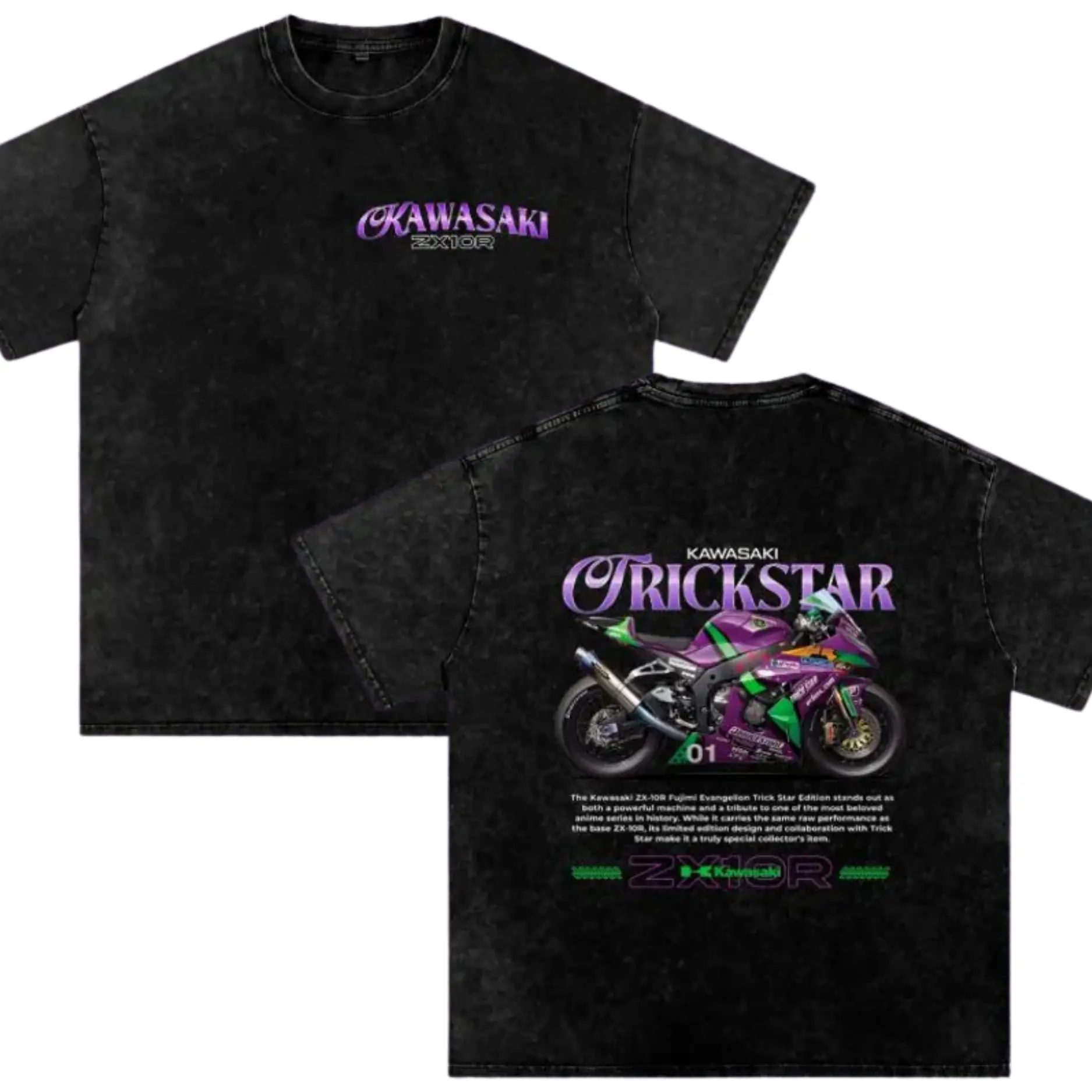 Kawasaki ZX10R Trick Star T-Shirt, Double Sided Motorcycle Graphic Tee, Sport Bike Racing Shirt, JDM Rider Apparel, Vintage Washed Biker Gift, Unisex Top