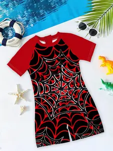 Boys' one-piece swimsuit "Spider Battle Suit Style" features a full 3D spider web print and red-black contrasting color raglan sleeves. It's trendy, cool, and eye-catching, making it a real head-turner for summer water fun~