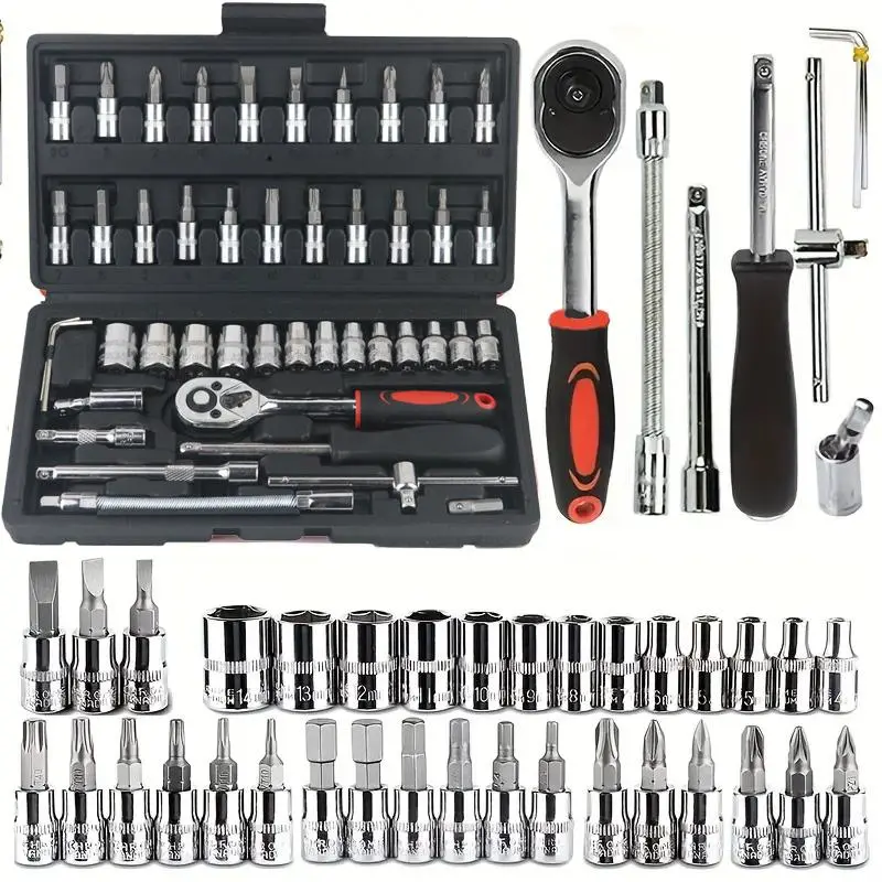 53pc Car Repair Tool Kit Set - Chrome Vanadium Steel Ratchet Wrench with Universal Joint, Heavy-Duty Springtok Handle, Storage Case for Auto/Motorcycle Maintenance, Gift for Men