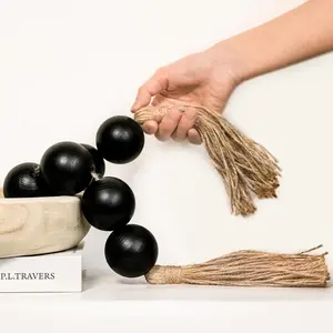 Extra Large Wood Bead Garland with 2" Diameter Wooden Beads with Tassels, Decorative Beads for Farmhouse Decor, Black 27 Inches