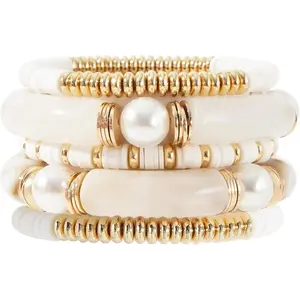 Simple Beaded Gold Bangles Bracelet Chunky Bamboo Tube Curved Stacking Clear Acrylic Colorful Beads Stretchable Gold Bracelets Set For Women