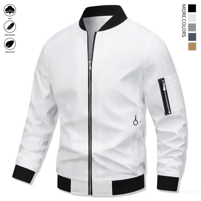 Men's Casual Chic Lightweight Windbreaker - Preppy Pilot Jacket for Aviation Lovers, Zipper Closure, Multiple Pockets, Solid Collar, Soft Polyester Fabric, Fitted Cut, Ideal for Daily Wear & Casual Events, Business/Alternative Fashion Styles