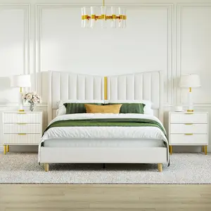 48" Tall Queen Upholstered Platform Bed – Cream Velvet V-Shaped Tufted Headboard with Gold Trim, 12 Wood Slats, No Box Spring Needed, Easy Assembly, Modern Glam Bedroom Furniture (60"W×80"L)