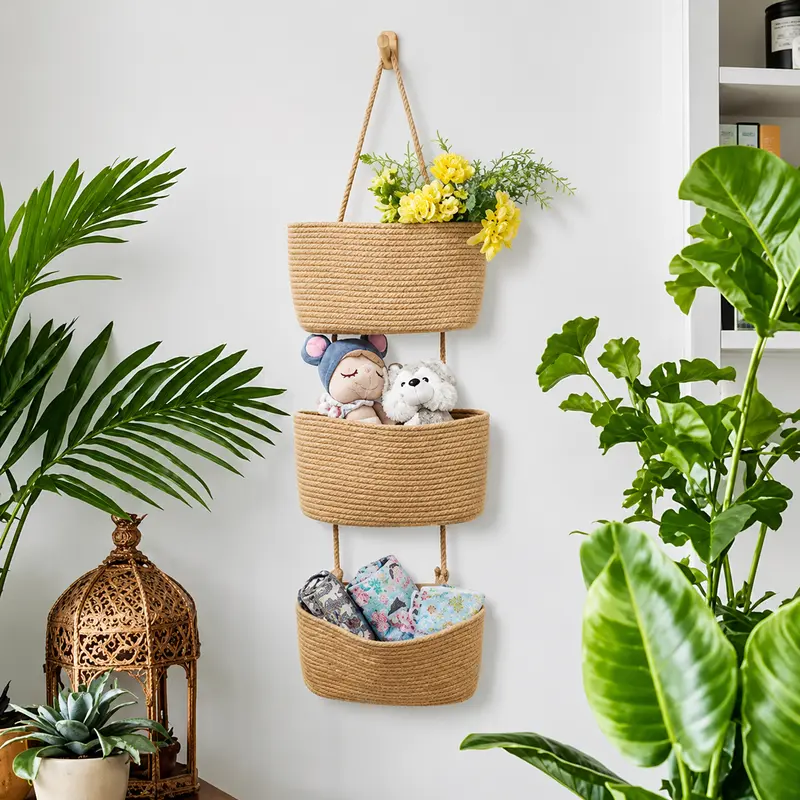 Woven Cotton 3-Tier Hangable Basket with Handles - 11in Over-The-Door Wall-Mountable Home Goods Organiser, French Country Storage Organization, for Beauty & Daily Necessities, Woven Look Adds Warm Handmade Charm, Natural Feel Apartment Room Organizer
