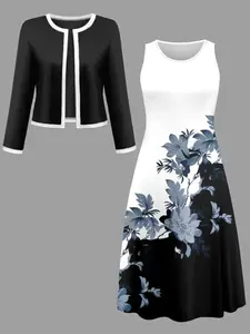 Women's Fashion Set Spring Autumn Long Sleeve Patchwork Cardigan Floral Printed Sleeveless Dress Casual Daily Party Wear