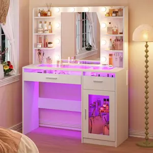 Vanity Desk with Mirror and Lights, Makeup Vanity Desk with Lights 3 Colors, Transparent Top Vanity with 2 RGB Drawers, 6 Shelves, Large Tempered Cabinet, Power Outlet, for Bedroom, White