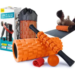 5 in 1 Foam Roller Set for Deep Tissue Muscle Massage, Trigger Point Fitness Exercise Foam Roller, Massage Roller, Massage Ball, Stretching Strap, for Whole Body (Orange Black)