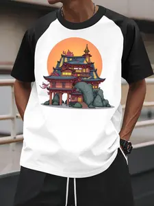 Men's Japanese House Print Round Neck Tee, Regular Fit Casual Short Sleeve T-shirt, Men's Summer Top for Daily Wear, Tropical