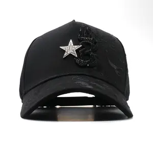 Streetwear Bling Cap with Rhinestone Star & Gothic Motif, Adjustable Hip Hop Snapback with Embossed Texture