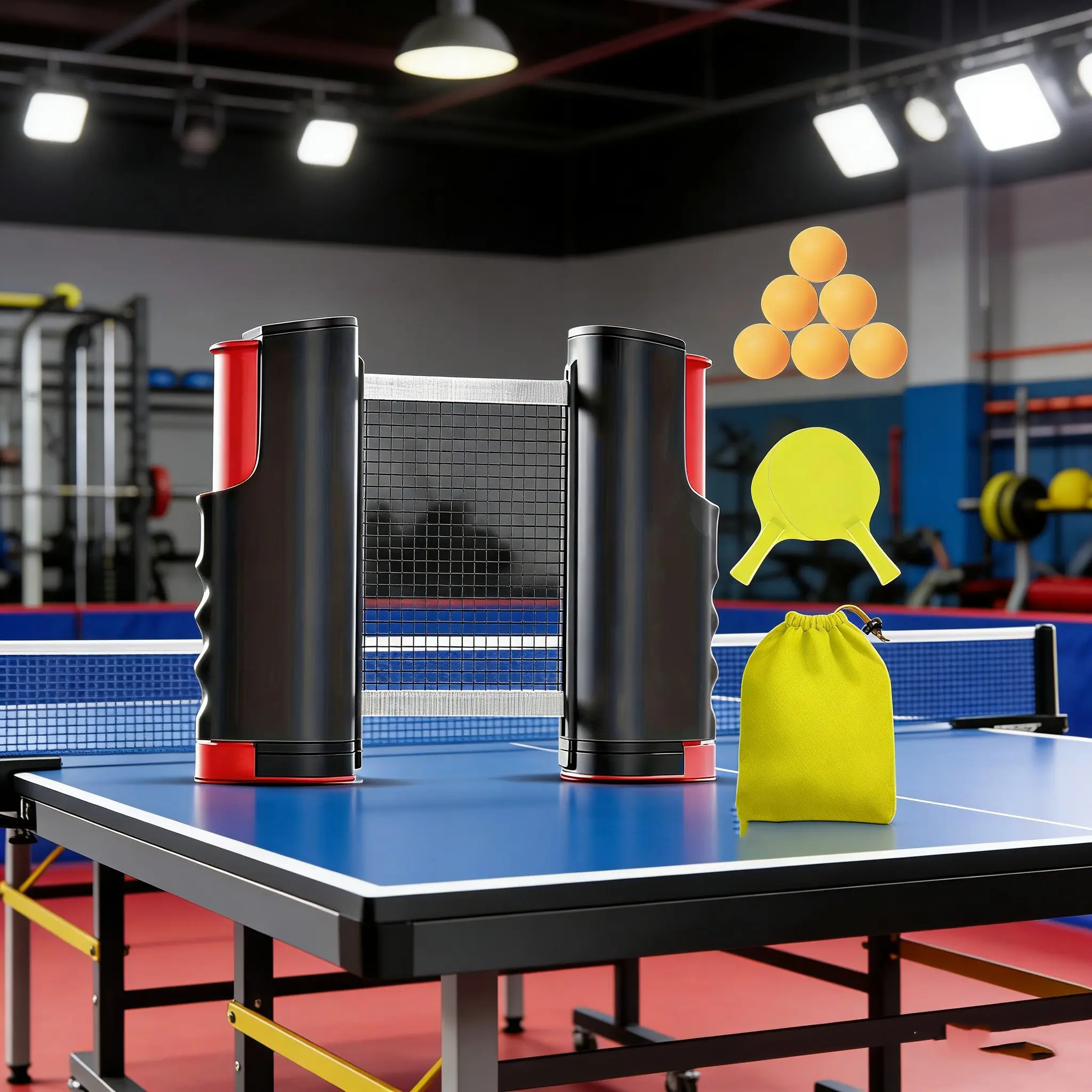 Table Tennis Training Game Set, Adjustable Ball Net + Plastic Rackets & Balls, Includes Storage Drawstring Bag, Indoor Outdoor Use