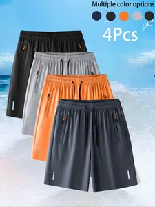 4pcs Men's Ice Silk Gym Shorts, Quick Dry Fitness Running Casual Thin Summer Fitted Shorts, Outdoor Sports Shorts