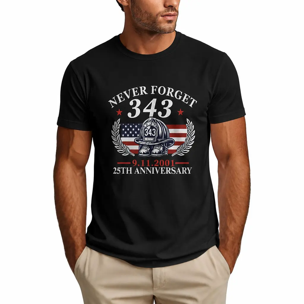 Never Forget 343 Firefighters Tribute Shirt 911 25th Anniversary Mens Tshirt