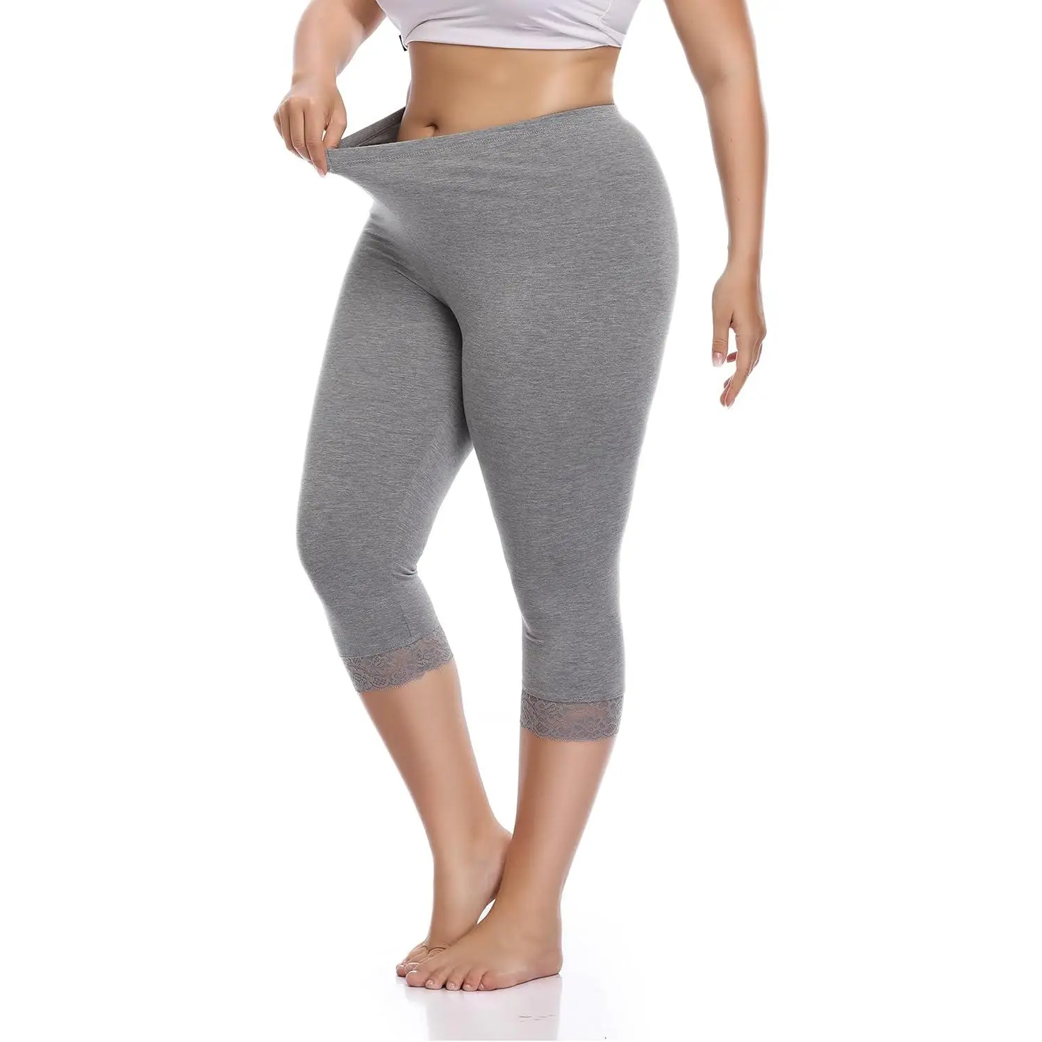 Women's Plus Size Capri Leggings with Embroidered Lace Hem, Soft Stretch Modal Cropped Workout Tights for Yoga, Cropped Women's Sports Leggings, Embroidered Ankle Detailing, Check Size Chart, Athletic Women's Sports Leggings