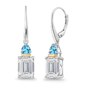 925 Silver and 10K Yellow Gold IGI Certified FG/VS1-VS2 Lab Grown Diamond and Swiss Blue Topaz Drop Dangle Earrings For Women | Emerald Cut Diamonds Each 3 Ct | E-F Color | VS1-VS2 Clarity