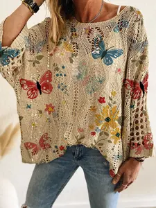 Women's Floral Print Long Sleeve Knit Top, Casual Elegance for Spring & Summer, Loose Fit Batwing Shoulder Design, Vacation Style, Knitwear Womenswear