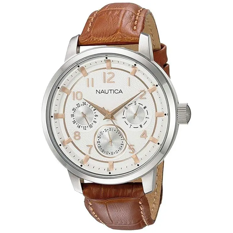 Nautica Male Watch for Casual Wear, Gents Multifunction Round Dial Watch with Water Resistant Feature, Steel Strap (Model NAD13544G)