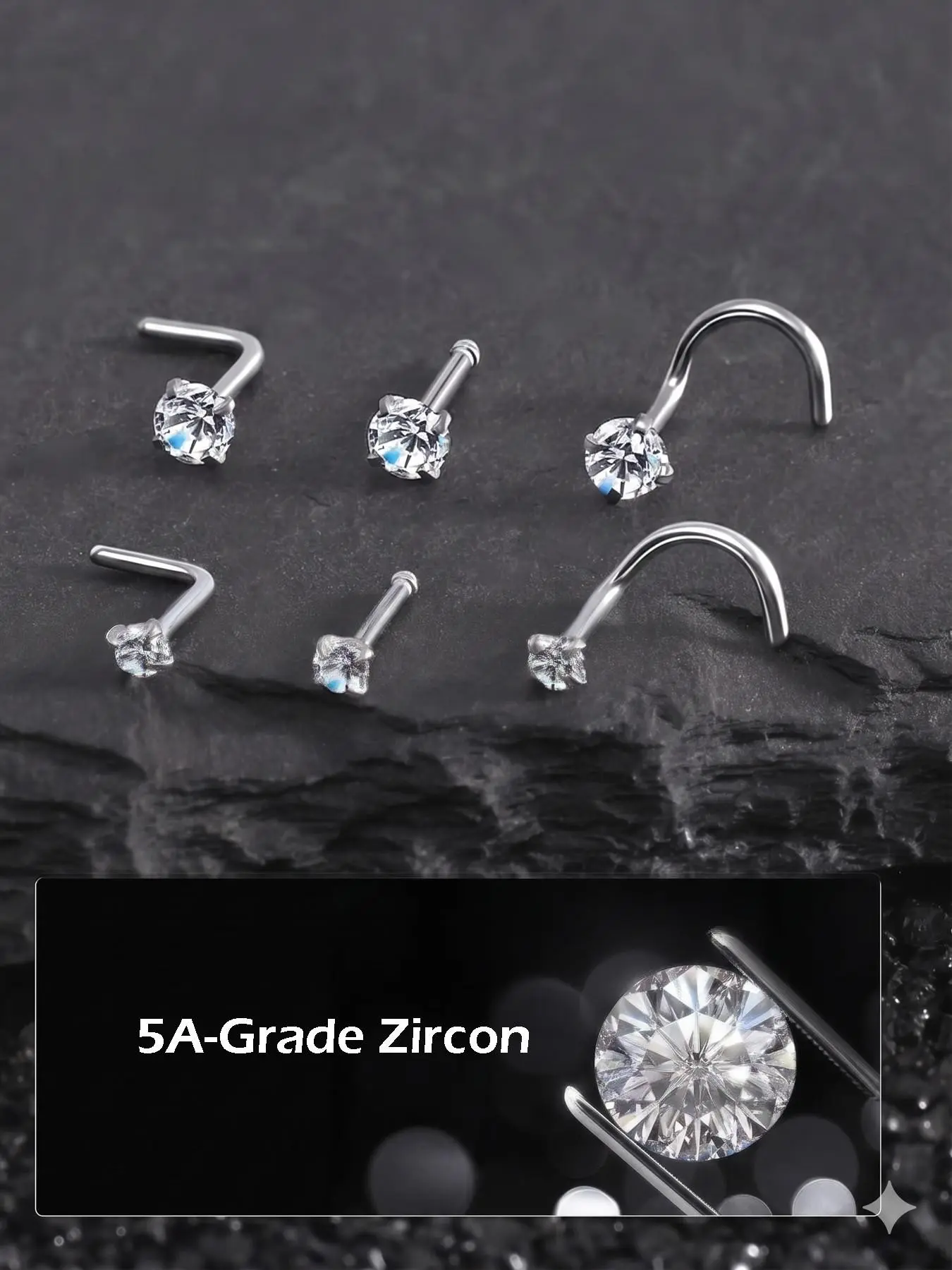 6PCS 20Gauge Hypoallergenic 5A-Grade Zircon Nose Rings Studs for Women & Men, Stainless Steel L-Shaped Nose Stud, Corkscrew Nose Piercing Jewelry Nose Studs, Gems Nose Ring