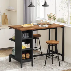 LITTLE TREE Kitchen Island, Kitchen Shelf Bar Table with 5 Open Storage Shelves and Large Worktop, Industrial Butcher Block Island (Stools Not Included)