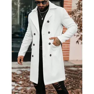 Men’s double-breasted solid-color long wool blend coat with long sleeves and pockets; men’s fall clothing; winter white coat with fabric hem; menswear jacket