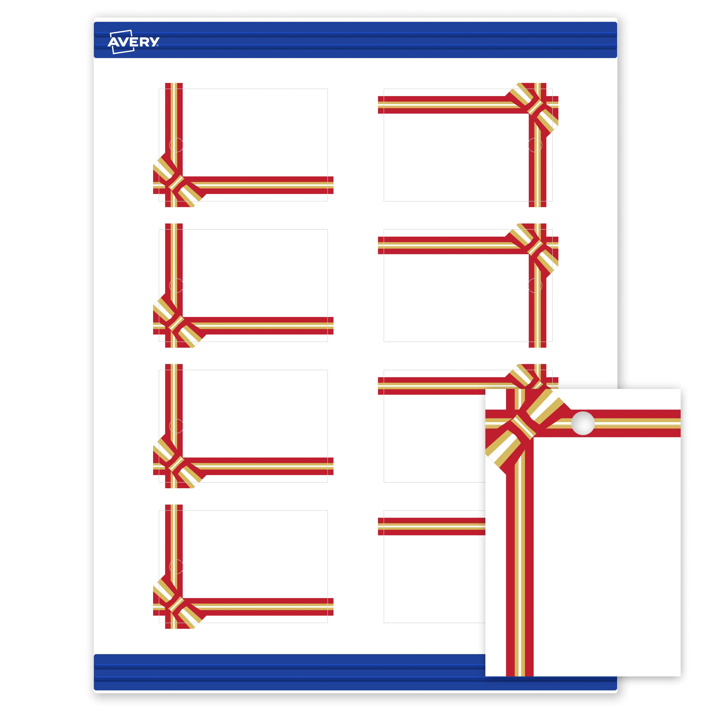 Avery® Printable Christmas Rectangle Tags, 2" x 3", Matte White, Pre-printed Red & Metallic Gold Gift Bow Design, Sure Feed® Technology, Laser & Inkjet Compatible, 160 Total