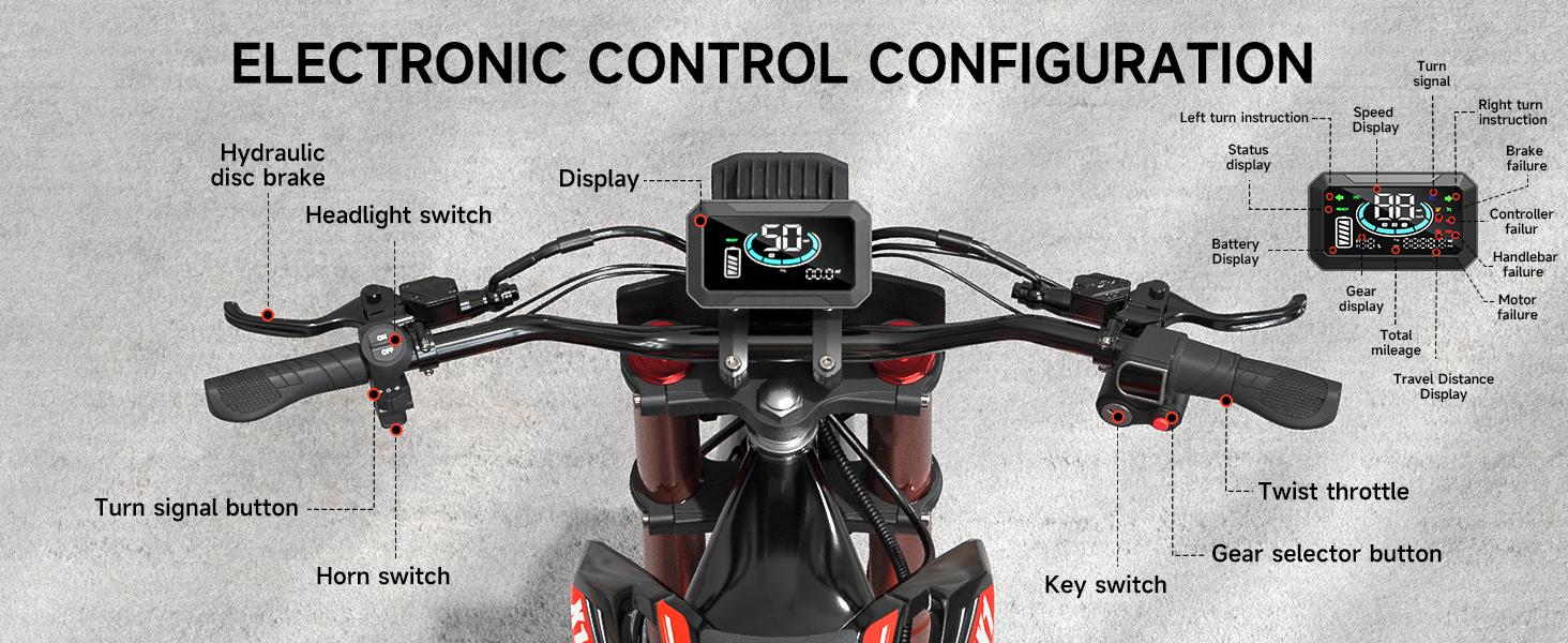 Qronge X1 Spark Electric Bike is designed for challenging terrain. Its 17"/14" wheel configuration balances stability and agility,and it features a powerful 4500W, 283 Nm of torque, and a large 60V 28.8Ah battery.