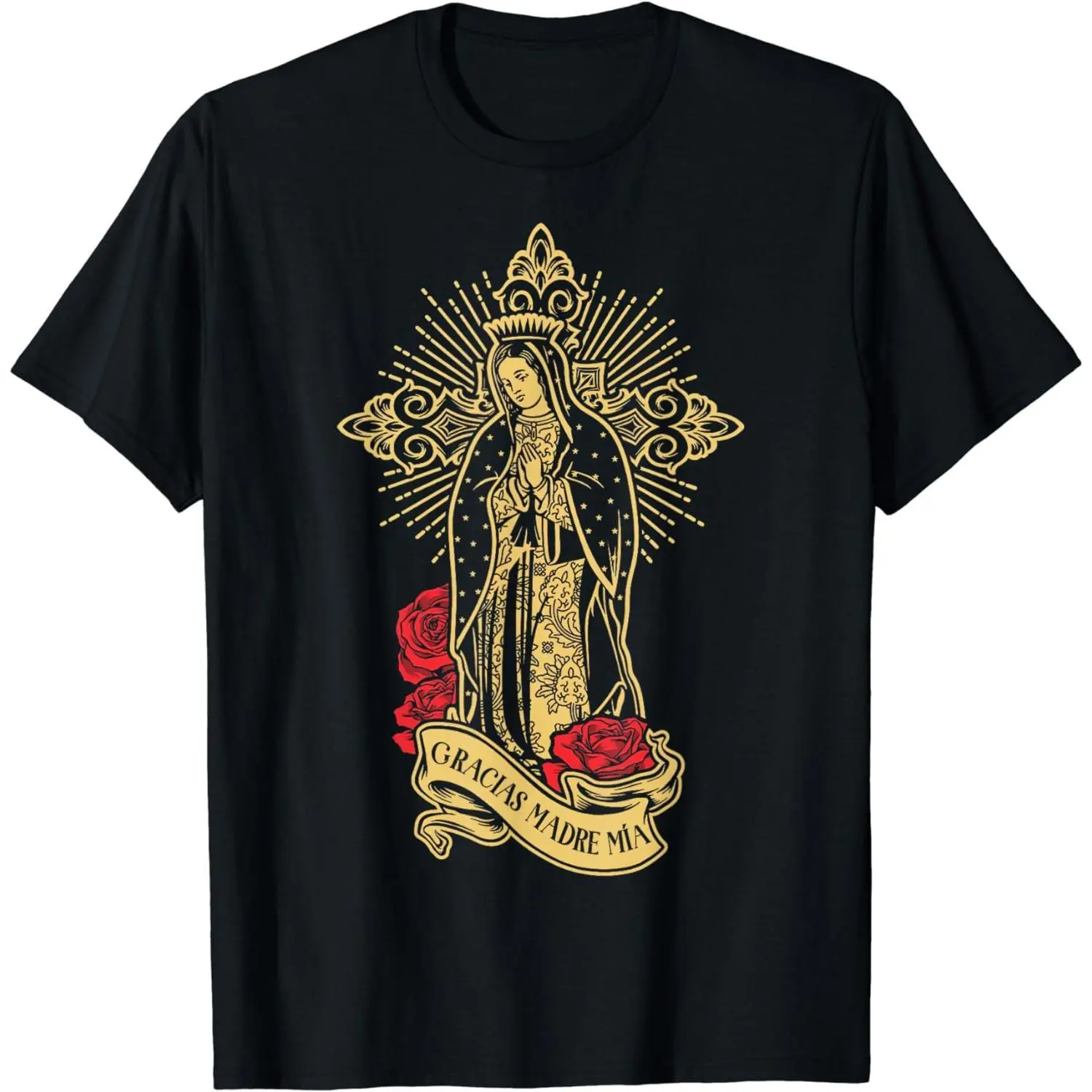 Men's 100% Cotton Classic Round Neck Short-Sleeve Casual T-Shirt, Religious Theme Divine Virgin Of Guadalupe Design With Golden Art And Roses, All Sizes Available, Shortsleeve, Tshirt