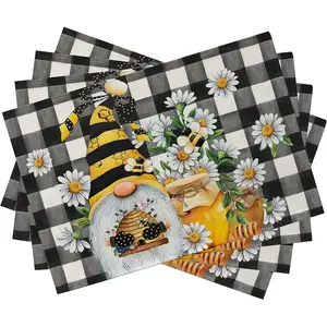 Set of 4 Spring Bee Gnome Daisy Plaid Placemats, 100% Linen Woven Rectangular Table Mats, 12x18 Inch, with Hand Wash Only, for Farmhouse Kitchen Decor, Seasonal Dining Decor