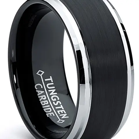 Men's Two-Tone Tungsten Ring Black Brushed Wedding Band 9MM Sizes 7-15