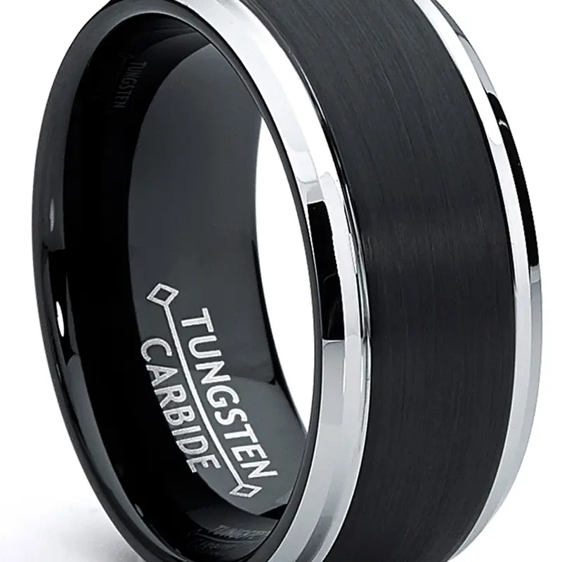 Men's Two-Tone Tungsten Ring Black Brushed Wedding Band 9MM Sizes 7-15