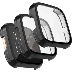 [3 Pack]  for Fitbit Versa 2 Screen Protector with HD Tempered Glass Protective Case, Hard PC Case Bumper Cover Full Coverage for Fitbit Versa 2 Smartwatch, Black/Black/Black