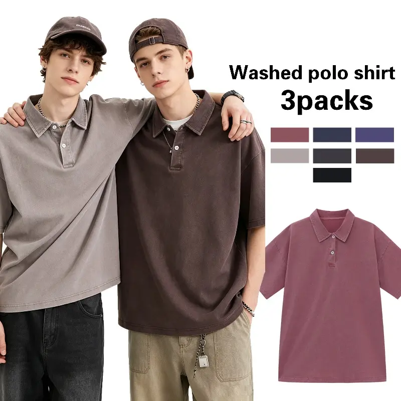 3 Pack Men's Vintage Washed Polo Shirts Oversized Loose Fit Short Sleeve Casual Streetwear Multi‑Color Combo Tops