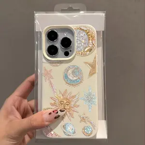 Diamond Embellished Star Moon Sun Pattern Phone Case Cover, Fits iPhone 17/16/15 Series, Christmas Gift, Fashion Protection, Shockproof Material