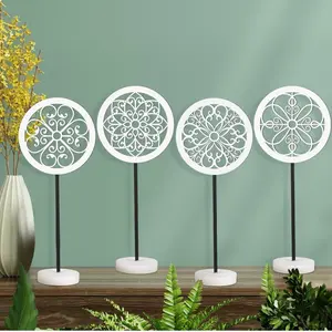 4 Pcs Wooden Carved Cutout Above Cabinet Decor Kitchen Flower White Sculpture Rustic Distressed Tabletop Decor Farmhouse Geometric Pattern Statue for Home Bedroom Mantle Shelf Decorations
