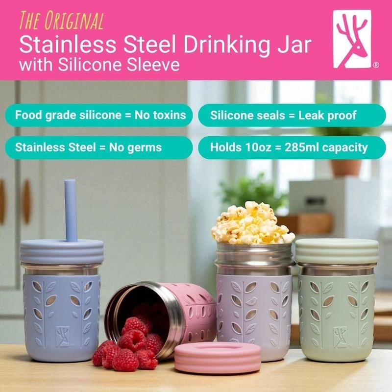 10oz Stainless Steel Kids + Toddler Drinking Cups| The Original Mason Jar with Sleeves + Lids| Silicone Straws| Smoothies| Storage Jar| Spill Resistant| Dishwasher Safe|