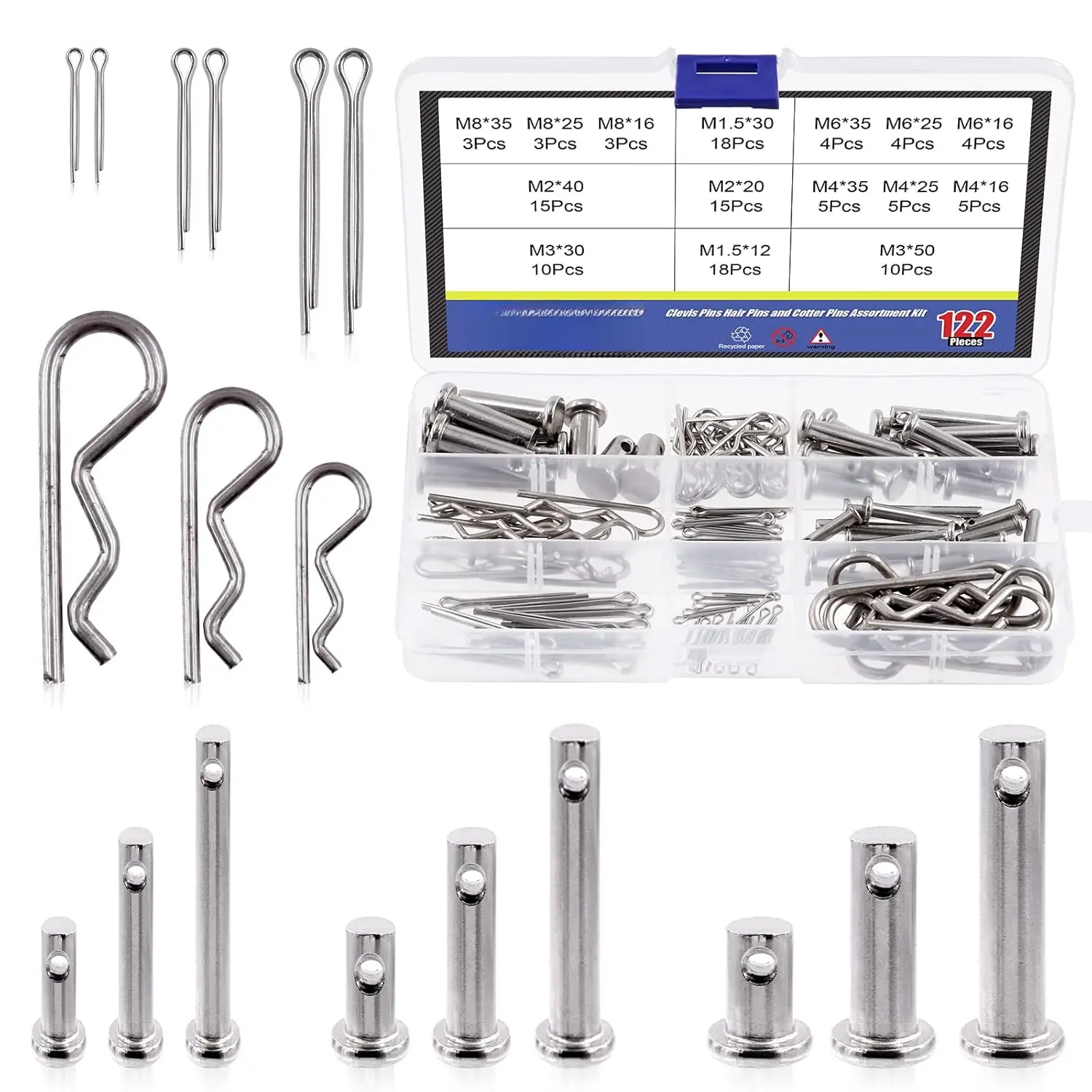 122 count 4 Styles Clevis Pin/Cotter Pin/Hair Pin/Dowel Pin Assortment Set, 15 Size 304 Stainless Steel Pin Fasteners for Automotive, Mechanics, , , Lawn Mower Use