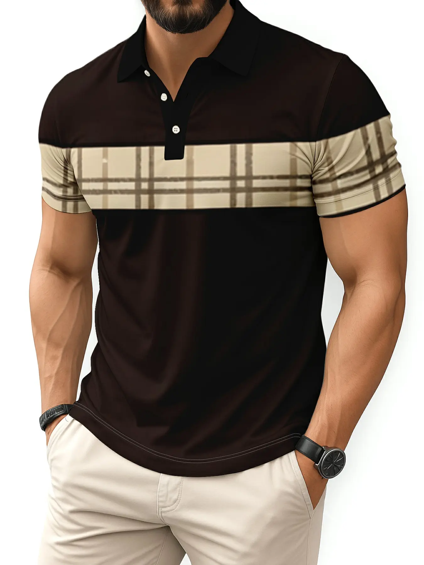 Classic Plaid Checkered Patchwork Casual Polo Shirt, Modern College Style Men's Striped Design, Fitted Graphic Print, Stylish & Comfortable