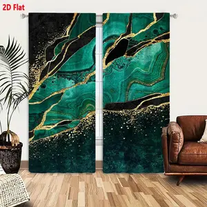 2D Flat Teal Emerald Green Wavy Abstract Artwork Black Gold Marble Veins 2-Piece Curtain Set with Scattered Gold Specks, Dynamic Luxurious Organic Textured Home Decor Window Treatment, Home Decoration Curtain