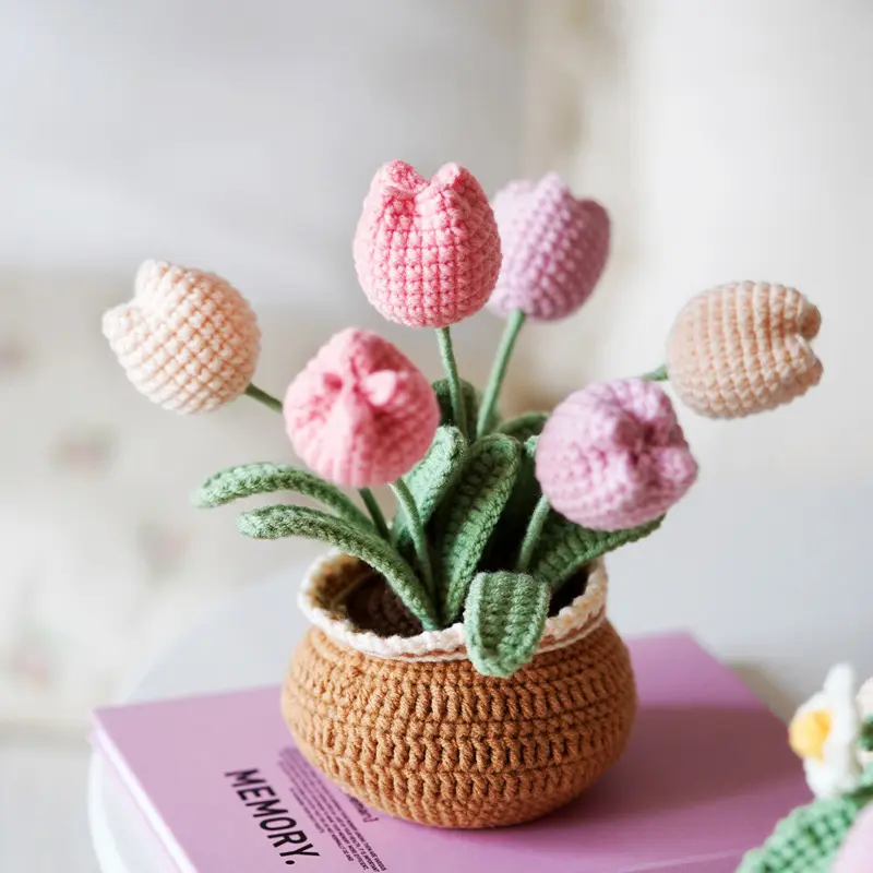 Handmade Cotton Crocheted Artificial Tulip Decorative Flowers Set - 4x4x7in Vase, Color-Coordinated Ornaments, Christmas Bedroom Home Decor, Desk Gift for Office Use, Tulips