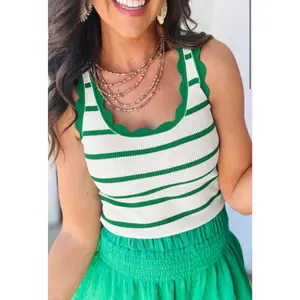 Bright Green Striped Scalloped Edge Ribbed Tank