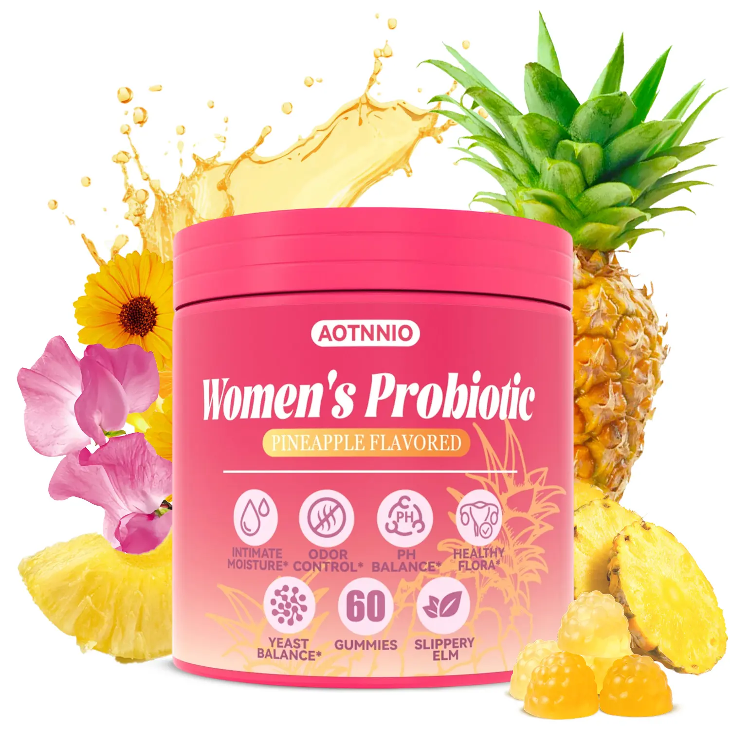 Women's Daily Probiotic Gummies | Supports Feminine pH Balance, Digestive Wellness & Fresh Feeling | With Slippery Elm & Probiotic Blend | Pineapple Gummies 60 Count | Probiotics Women | DealsForYouDays
