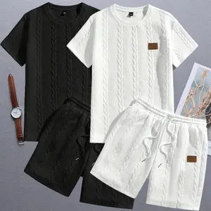 Men’s summer casual fashion set featuring a crew neck short-sleeve top and shorts, with woven texture and embossed pattern design that showcases a gentleman boyfriend style—an ideal choice for holiday gifts.