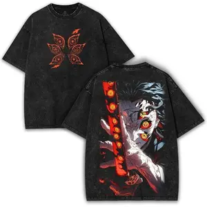 Demon Slayer Cursed Moonblade Blood Moon Katana Men's Cotton T-Shirt, Washed Black Finish, Eye Seal Print, Otaku Collector Drop Menswear Top