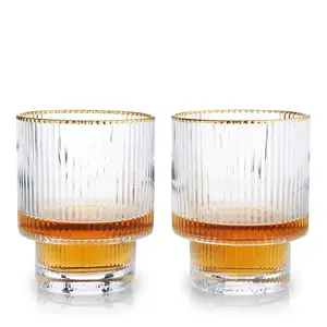 Viski Meridian Crystal Tumblers Set of 2 Vintage Glass Drinkware Ribbed Design Gold-Rimmed Stackable Glass Cups 12 oz Lead-Free Crystal