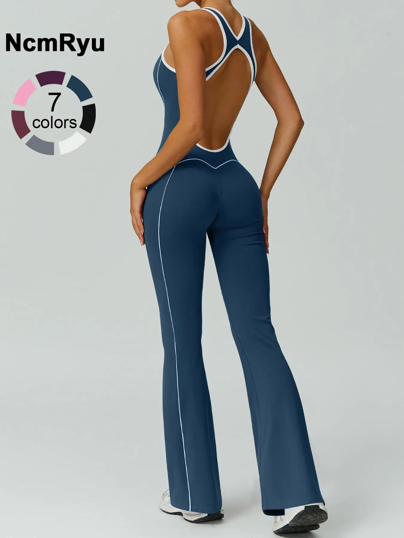 Women's color blocked backless jumpsuit comfortable and nude with a cinched waist sleeveless U-neck wide leg flared pants yoga clothes jumpsuit suitab