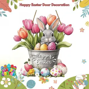 Happy Easter Door Decoration – Bunny Floral Bucket Wreath, Front Door Sign for Spring, Porch & Wall, Indoor & Outdoor Easter Decor, Perfect Easter Gift