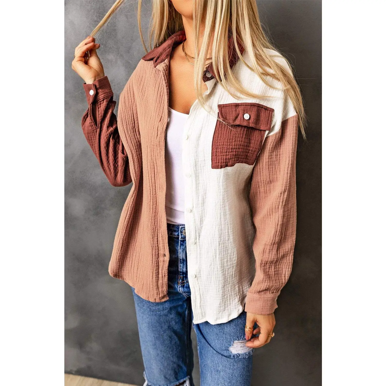 Brown Color Block Textured Long Sleeve Shirt with Pocket